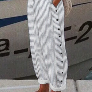 Plus size Casual Loose Buttoned Striped Pants, BOTTOM, color:Gray|size:4X, catalog Noracora shop