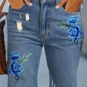 Casual Floral Embroidered Denim Shorts Jeans Urban Daily Vacation Women's Clothing, Shorts, color:Blue|size:XXL, JustFashionNow