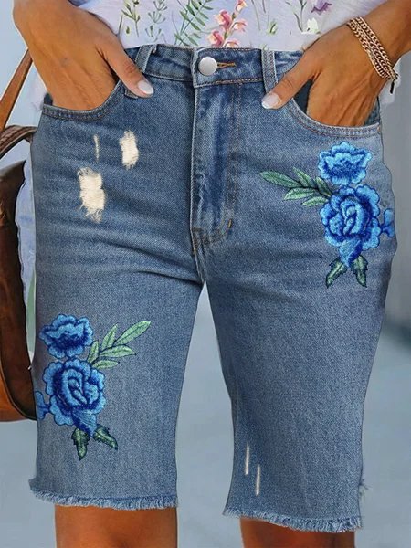 Casual Floral Embroidered Denim Shorts Jeans Urban Daily Vacation Women's Clothing, Shorts, color:Blue|size:XXL, JustFashionNow
