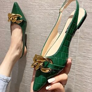 Croc Embossed Gold Chain Pointed Toe Pumps, Flats, color:darkgreen|size:43, Stylewe