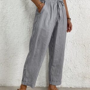 Striped Cotton Loose Casual Pants, Pants, color:Gray|size:XXL, Noracora