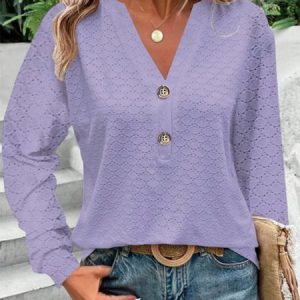 V Neck Long Sleeve Plain Regular Micro-Elasticity Regular Fit Shirt For Women, Blouses, color:Purple|size:XXL, Noracora