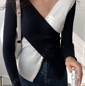 Cross Neck Long Sleeve Color Block Regular Medium Elasticity Regular Fit Shirt For Women, Blouses, color:Black-white|size:One-size, Noracora