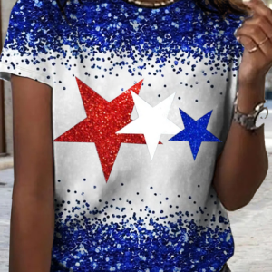 Women's Star Glitter Independence Day Crew Neck Loose T-Shirt, T-shirts, Lilicloth.com