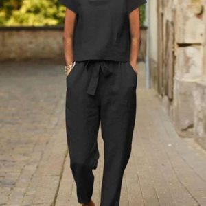 Plain Short Sleeve Top And Paperbag Straight Pant Two Piece Set, Sets, color:Black|size:XS, Noracora