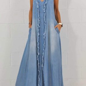 Loose Plain Vacation Denim Dress, Maxi Dresses, color:Blue|size:XXL, Stylewe