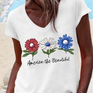 Women's America the Beautiful Daisies Casual T-Shirt, color:White|size:3XL, Lilicloth.com