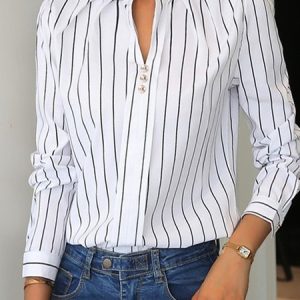 Long Sleeve Striped Buckle Regular Loose TUNIC Shirt For Women, Blouses, color:White|size:XXL, Noracora