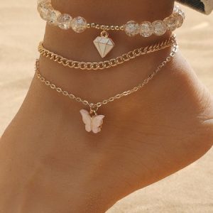 Butterfly Beads Pendant Anklet Set, Anklets, color:Golden|size:One-size, JustFashionNow
