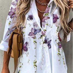 Shirt Collar Casual 3/4 Sleeve Floral Shirt & Top, JustFashionNow Shirts, color:White|size:XXL,