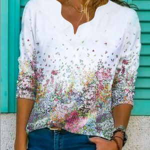 JFN Scallop V Neck Floral Casual Top, T-Shirts, color:Multicolor|size:XXL, JustFashionNow