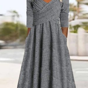 Women Plain Sweetheart Neckline Long Sleeve Comfy Casual Buckle Maxi Dress, Maxi, color:Gray|size:XXL, Noracora