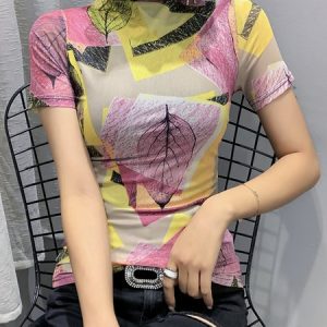 Leaf Elegant Turtleneck Regular Fit T-Shirt, Tees, color:Pink|size:XXL, Stylewe