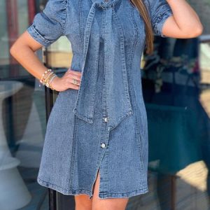 Elegant Plain Regular Fit Denim Mini Dress With No Belt, Mini Dresses, color:Blue|size:XXL, Stylewe