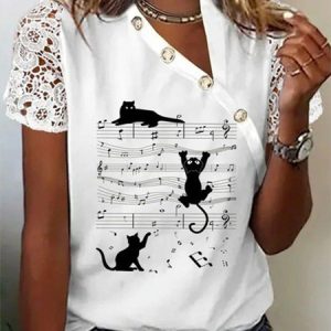Cat Lace Short Sleeve Buckle Asymmetrical Collar Casual Shirt, Shirts & Blouses, color:White|size:XS, JustFashionNow