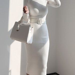 Elegant Turtleneck Plain Simple  Sweater Dress (no belt), Midi Dresses, color:White|size:XXL, Stylewe