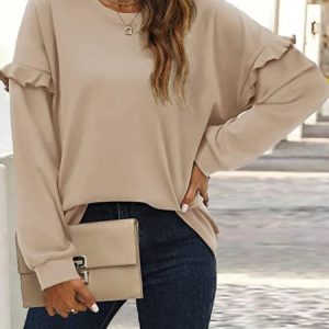 Casual Crew Neck Plain Sweatshirt, Hoodies & Sweatshirts, color:Khaki|size:XXL, Noracora