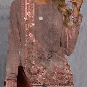 Casual Floral Crew Neck Regular Fit T-Shirt, T-Shirts, color:Red|size:3XL, JustFashionNow