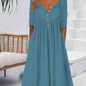 Women Basic V Neck Pockets Buttoned Ruched Casual Plain Long Sleeve Dress, Midi Dresses, Roselinlin - Online Catalog