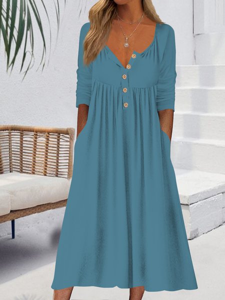 Women Basic V Neck Pockets Buttoned Ruched Casual Plain Long Sleeve Dress, Midi Dresses, Roselinlin - Online Catalog