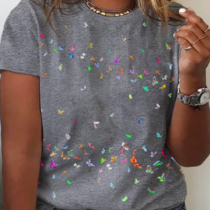 Plus Size Butterfly Printed Casual T-Shirt, TOPS, color:Gray|size:4X, Noracora
