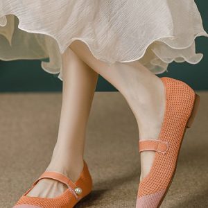 Contrasting Color Check Pearl Buttons Massage Comfort Fly Weave Mary Jane Flats, Flats, color:Orange|size:40, Stylewe