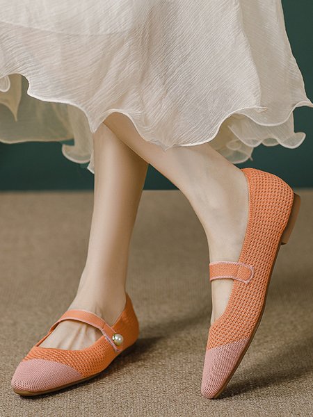 Contrasting Color Check Pearl Buttons Massage Comfort Fly Weave Mary Jane Flats, Flats, color:Orange|size:40, Stylewe