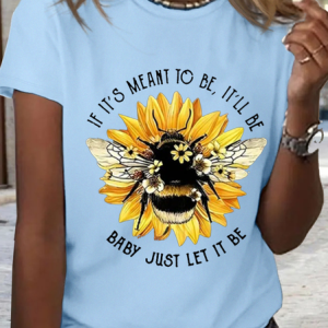 Women's Sunflower Bee If It's Meant To Be It'll Be Simple T-Shirt, color:Light Blue|size:3XL, Lilicloth.com
