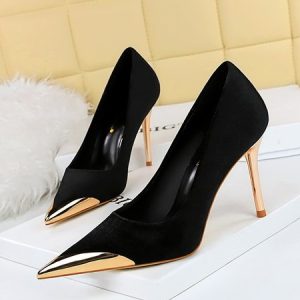 Metal Color Block Stiletto Heel Shallow Pumps, Heels, color:Black|size:40, Stylewe