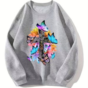 Women's Street Casual Cross Color Butterfly Loose Crew Neck Sweatshirt, Sweatshirts & Hoodies, color:Gray|size:3XL, JustFashionNow