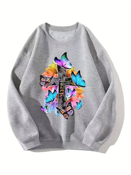 Women's Street Casual Cross Color Butterfly Loose Crew Neck Sweatshirt, Sweatshirts & Hoodies, color:Gray|size:3XL, JustFashionNow