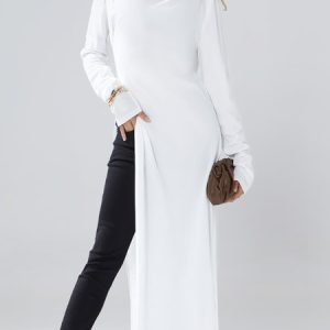 High Elasticity Regular Fit Asymmetrical Elegant Long sleeve Top, Tops, color:White|size:XXL, Stylewe