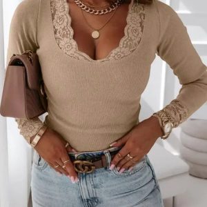 Lace Cotton-Blend Square Neck Regular Fit Top, Tops, color:Khaki|size:XXL, JustFashionNow