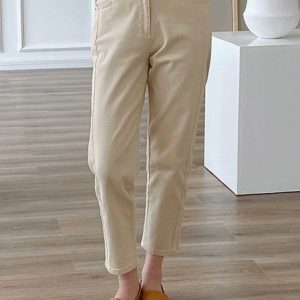 Casual Plain Natural Ankle Pants Buckle Straight Pants, Pants, color:Apricot|size:XL, Noracora