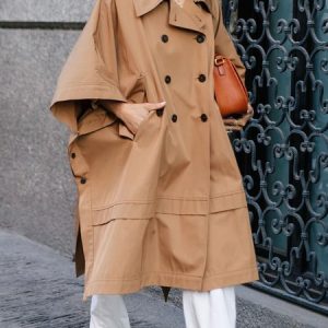 Plain Vacation Loose Lapel Collar Trench Coat, Coats, color:Khaki|size:XXL, Stylewe