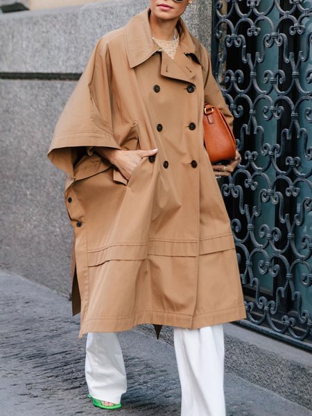 Plain Vacation Loose Lapel Collar Trench Coat, Coats, color:Khaki|size:XXL, Stylewe