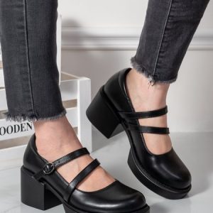 Black Leather Classic Block Heel Mary Janes, Heels, color:Black|size:41, Stylewe