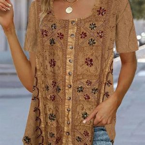Square Neck Casual Ethnic Shirt, Shirts & Blouses, color:Yellow Brown|size:XXL, JustFashionNow