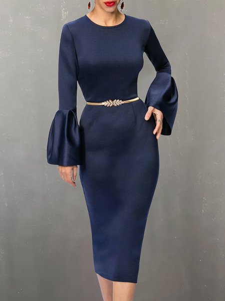 Plain Crew Neck Elegant Regular Fit Dress, Midi Dresses, color:Dark Blue|size:XXL, Stylewe