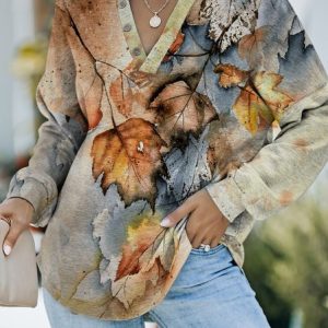 JFN V Neck Casual Cotton-Blend Maple Leaf Print Buttoned Sweatshirt, Sweatshirts & Hoodies, color:Multicolor|size:XXL, JustFashionNow