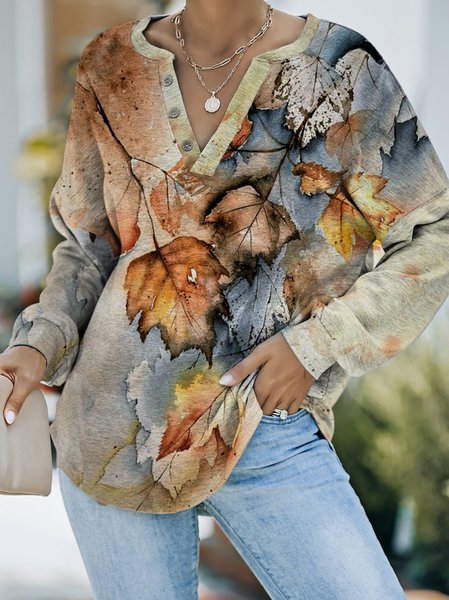 JFN V Neck Casual Cotton-Blend Maple Leaf Print Buttoned Sweatshirt, Sweatshirts & Hoodies, color:Multicolor|size:XXL, JustFashionNow