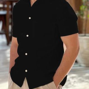 Casual Cotton And Linen Shawl Collar Plain Shirt, Shirts ＆ Blouse, color:Black|size:3XL, JustFashionNow