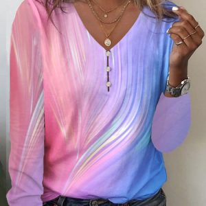 Abstract Casual Loose V Neck Buckle Long Sleeve T-Shirt, T-Shirts, color:Pink|size:XXL, JustFashionNow