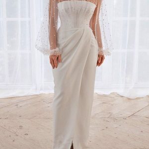 Women Plain Long Sleeve Comfy Party Beaded Maxi Dress, Dresses, color:White|size:XXL, Noracora