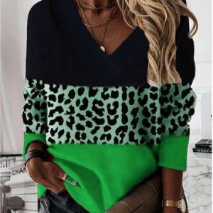 Long Sleeve Casual Printed V Neck Top, Sweatshirts & Hoodies, color:Green|size:3XL, JustFashionNow