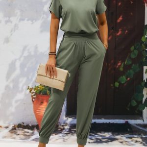 Summer Plain Loose Casual V Neck Two-Piece Set, Suit Set, color:Black|size:XXL, JustFashionNow