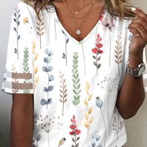 Floral Casual Loose T-Shirt, T-shirts, color:White|size:XXL, Noracora