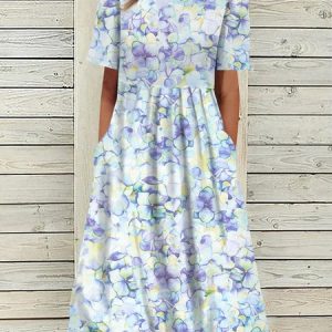 Women's A Line Dress Maxi Dress blue Short Sleeve Floral Ruched Pocket Print Woven Summer Crew Neck Casual Dress, Maxi, color:lavender|size:XXL, catalog Noracora shop