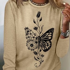 Women's Butterfly Flower Art Print Casual Letters Shirt, color:Khaki|size:3XL, Lilicloth.com