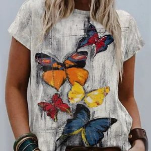 Casual Crew Neck Butterfly Loosen Short Sleeve T-Shirt, T-Shirts, color:Multicolor|size:XXL, JustFashionNow